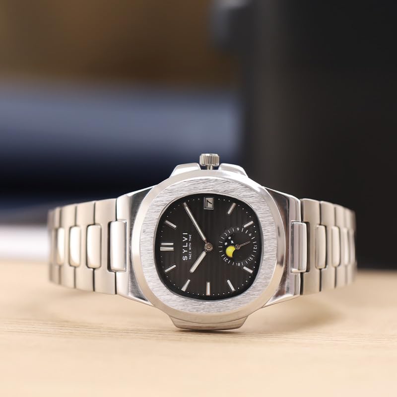 Image of Sylvi Urbane Moon Black Silver Analog Watch for Men | Premium Squircle Case Black Analog Watch | Stainless Steel Strap