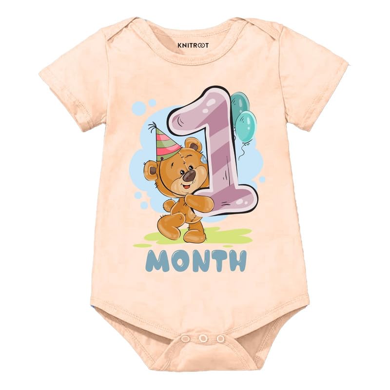 Image of Knitroot Monthly Birthday Teddy Special, Newborn Baby Half Sleeve Unisex Romper, Onesies, Sleepsuit, Body Suit, Envelope Neck, 1 to 12 Months Print, 0-12 Months, Infant Cloth for Boys & Girls