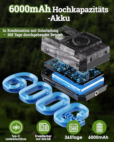 MAXDONE Wildkamera Solar WLAN mit Handyübertragung App - 4K 64MP Wildtierkamera Bluetooth mit Bewegungsmelder Nachtsicht 6000mAh Lithium-Batterie, 32GB SD-Karte, Nachtsichtkamera IP66