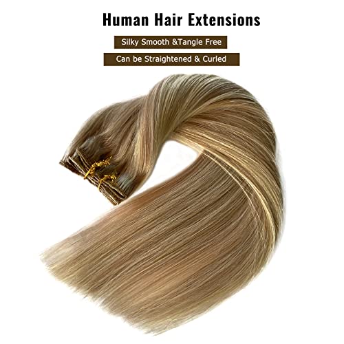 Image of Clip in Hair Extensions, Golden Blonde with Light Blonde Highlights Remy Hair Extensions Clip in Real Human Hair 7 Pcs 70G Clip in Extensions 18 Inch Double Wefts Hair Clip ins for Fine Hair Women