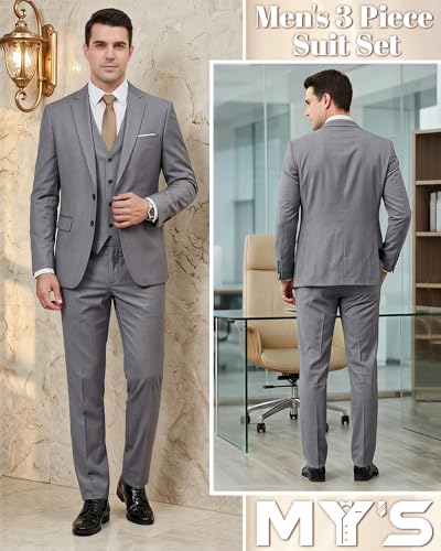 Image of MY'S Men's 3 Piece Suit Notch Lapel 2 Button Blazer Slim Fit Dress Business Party Jacket Vest Pants & Tie Set