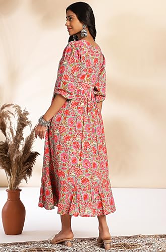 Image of Janasya Women's Cotton Floral Printed Flared Dress