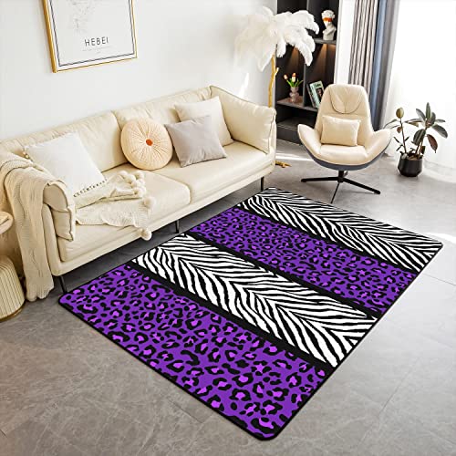 Loussiesd Purple Leopard Living Room Rugs 100x150cm Kids Black White Zebra Living Room Rugs for Cheetah Decorative Carpet Animal Print Indoor Floor Mat Room Decor Accent Rug