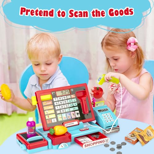Image of Cash Register for Kids Real Calculator Kids Cash Register with Scanner Toy for 3 4 5 6 7 8 Year Old Boy Pretend Play Store with Music / Food / Shopping Cart Learning Toys Gifts for Boys Ages 4-8