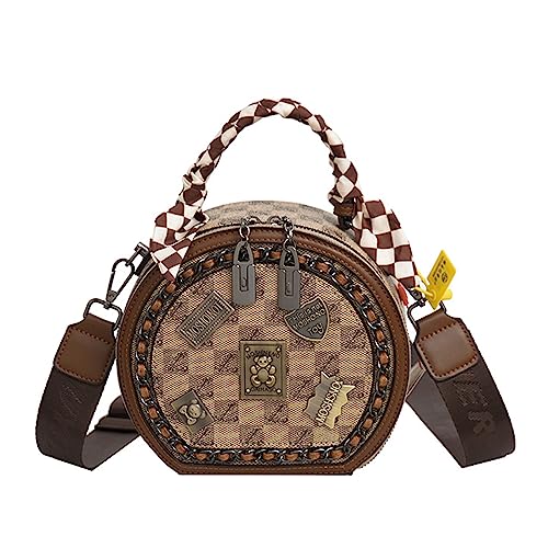 Fashion Retro Bear Badge Print Real Leather Purse Handbags, Round Shoulder Bag Cross Body For Women