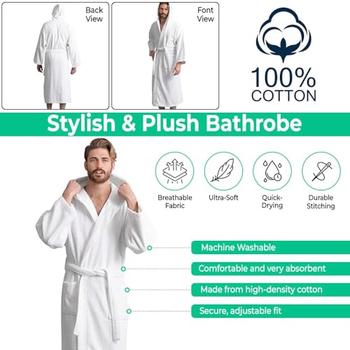 Men’s Hooded Bathrobe, 100% Cotton Terry Bathrobe, Spa Style Bath Robe, Absorbent Shower Robe, Lightweight Towel Bathrobes4
