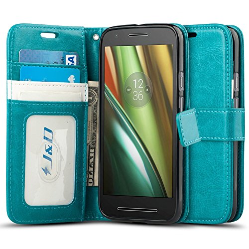 J&D Compatible para Moto E3 Funda, [Protección de Cartera] [Soporte Plegable] Funda Pesada Resistentes Billetera para Motorola Moto E3 Funda Cuero - Turquesa
