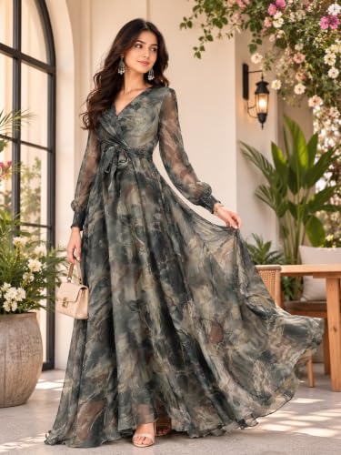 Image of LITZO Women's One Piece Dress - Georgette Floral Printed Western Gown | Long Sleeve V Neck Fit & Flare Flared Hem Design | A-Line Maxi Dress for Women | New Year Party Outfit (NO-08-10)