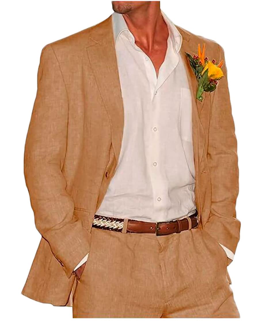 Botong 2 PC Linen Wedding Suits for Men Peak Lapel Prom Suit Regular Fit Groom Tuxedos Summer Beach Suit Casual Wear Khaki 38 Chest / 32 Waist