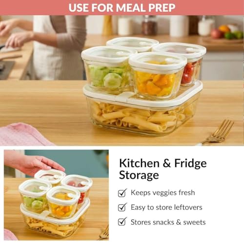 Image of Nestasia Vento Glass Containers with Lid Set of 5 (220ml x 4, 1320ml x 1) - Microwave, Refrigerator & Dishwasher Safe Containers with Air Vent Lid for Fridge Storage (Cream)