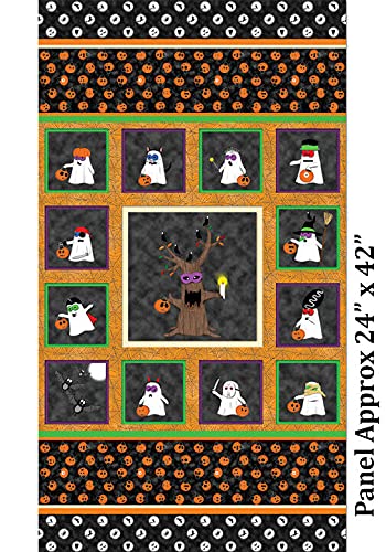 Halloween Ghost Pumpkin Tree Spooky Cotton Fabric Booville 24" X 44" Panel"