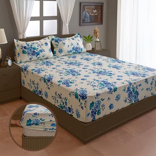 Image of Swayam Pure Cotton King Fitted Bedsheet with 2 Pillow Covers | Size 72 x 78 x 10 inch | 160 TC | Floral Design | Soft Breathable Bed Sheet | Comfortable & Durable for Bedroom - Cream & Blue
