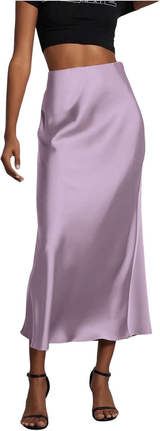 SOLY HUX Women's Elegant Satin Skirts High Waisted Flared Casual Work Office Fishtail Midi Skirt