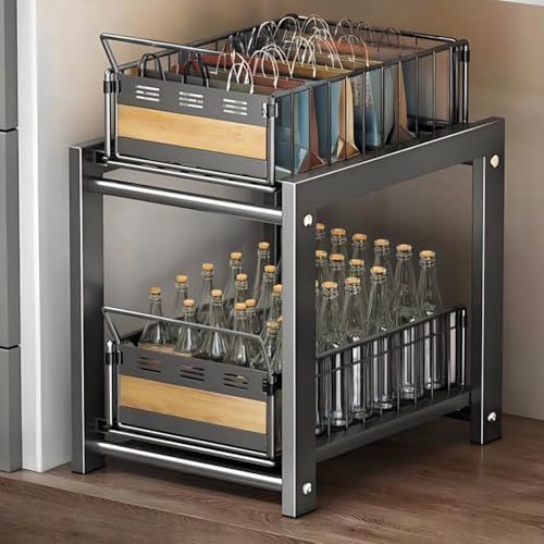 Joolxxo シンク下収納 スライドラック 棚2段 幅26×奥行36×高さ45cm 大容量 引き出しキッチン 調味料収納 洗面台下 収納ラック キッチンラック 台所 整理収納 キッチンストッカー スチール製丈夫 シンク下収納ラック (ブラック)