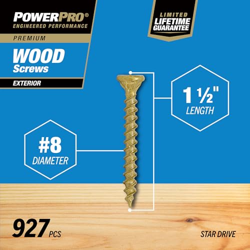 Image of Power Pro Premium Exterior Wood Screws, #8 x 1-1 /2 inchInch All-Purpose Deck Screws for Outdoor Projects, T-25 Star Bit Included, Bronze, 927 Pieces | 48606V4