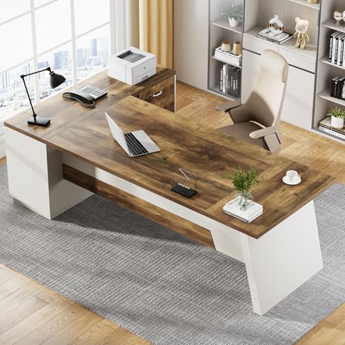 Image of Tribesigns 78 inch L-Shaped Executive Desk, Large Modern Office Desk with Drawers and Lateral File Cabinet, Business Furniture with Storage Shelves, Big Computer Desk for Home Office (Brown + White)