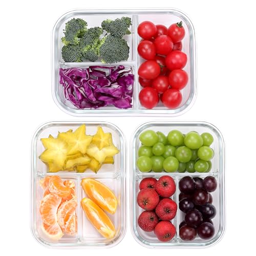 Liliume Meal Prep Cajas de cristal con 3 compartimentos (3 unidades, 1040 ml) para preparar alimentos con separador, control de porciones, herméticas, para horno y congelador
