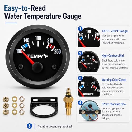 Image of Universal 2 inch 52mm Water Temp Gauge, Red | 100-250℉ Range, LED Backlight, DC 12V, Includes Sensor, For Car Boat Marine Truck Motorcycle