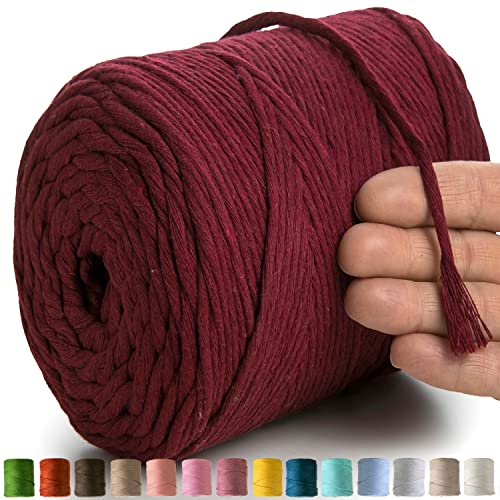 MeriWoolArt® Makramee Garn Rot - Makramee Garn 4mm farbig 225m - Super weiches Baumwollgarn, einfach gedrehte Makramee Schnur für Makramee Wandbehang, Blumenampel, Vorhang und Mehr DIY Deco