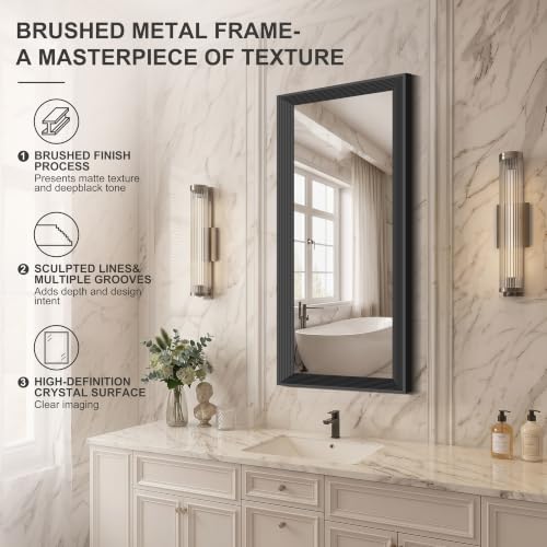 Image of DESBING 20x48 inch Black Bathroom Mirror,Bevelled Edge Black Mirror with Ribbed Texture-Modern Rectangle Bathroom Wall Mirror for Vanity, Tempered Glass, Hangs Horizontally or Vertically