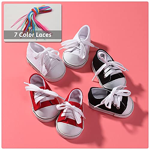 18-Inch Doll Shoes - 3 Pairs Canvas-Doll-Shoes Set for American Girl Dolls, Includes White Canva-Sneakers, Black Canvas Sneakers, Red Canvas Sneakers and 7 Color Laces