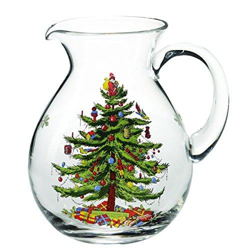 Spode Christmas Tree Glass Pitcher with Handle - Festive Holiday Beverage Server, Seasonal...