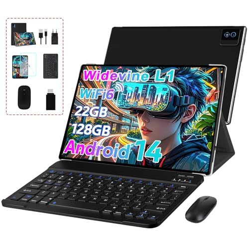 Biegedy Tablet Android 14 Tablet 10 Pulgadas,22GB RAM + 128GB ROM (TF 1TB), 5G+2.4G Dual Band WiFi 6, Widevine L1 / 8000mAh / Octa-Core 2.0 GHz/GMS / 5MP+8MP / BT5.0 / GPS, con Teclado y Raton Negro