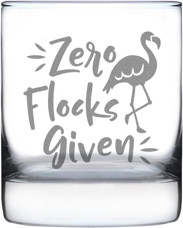 Custom Zero Flocks Given - Funny Flamingo Personalized Whiskey Rocks Glass - Bird Gifts for Men & Women - Fun Whisky Tumbler Decor