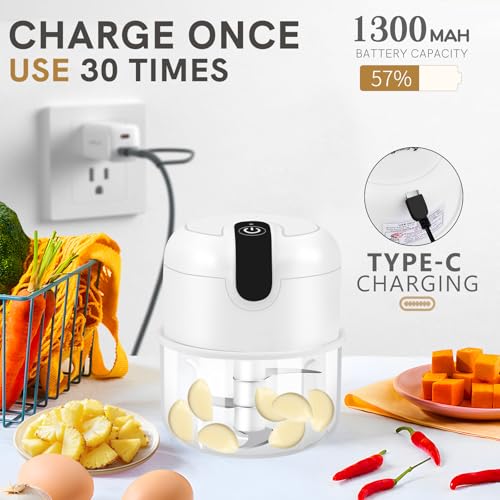 Image of EASYSPEED Electric Garlic Chopper 1 Cup, Mini USB Charging Wireless Food Processor with 304 Stainless Steel, 3 Sharp Blades, Portable Kitchen Meat Grinder for Onion, Garlic, Ginger, Baby Food,White