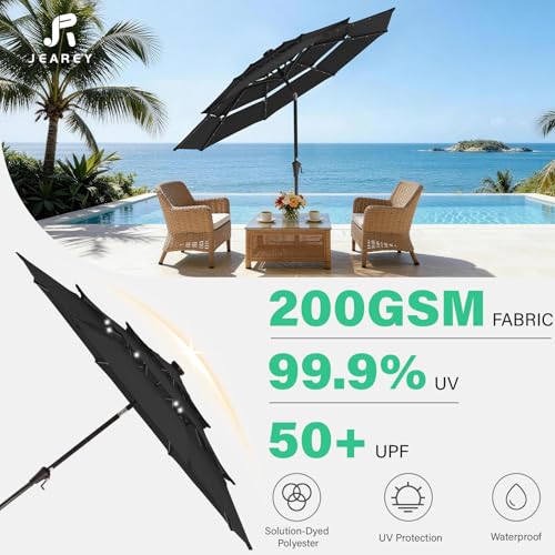 Image of JEAREY 3 Tiers Patio Umbrella with Solar Lights 9ft Outdoor Market Table Umbrellas with Push Button Tilt for Outside Pool Garden, Black