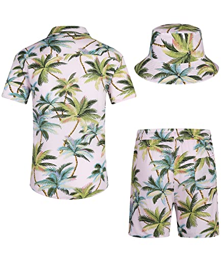 EISHOPEER Men's Hawaiian Shirt and Short 2 Piece Outfits Sets Casual Button Down Floral Hawaii Shirts Suits with Bucket Hats Pink 4X-Large2
