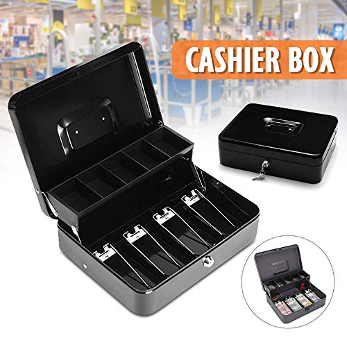 RY Grande Cash Box avec Lock, avec 5 Compartiments Cantilever Plateau et 4 Clips à Ressort, Argent métal Coffre pour Les projets de Loi, 11,8 « * 9.6 » * 3.4", Noir