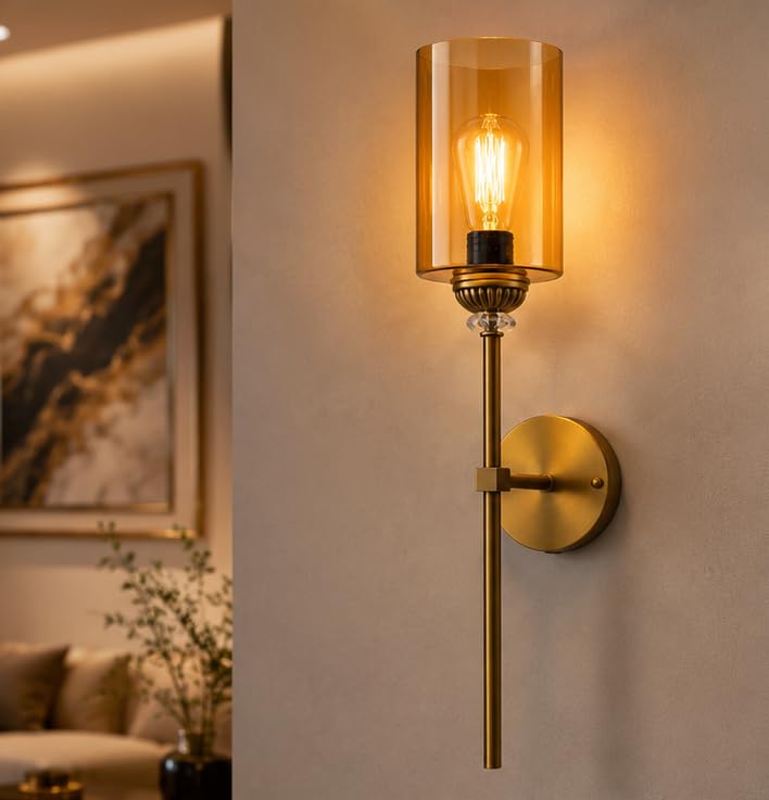 SWIATLO Modern Gold Wall Lamp with Amber Glass Shade | E27 Wall Sconce Light for Living Room, Bedroom, Hallway, Dining Room, Bedside, Hotel & Café (Pack of 1, with Bulb)-image-33