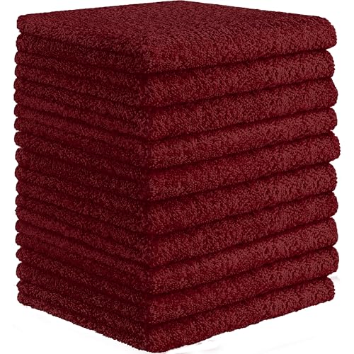 Image of DecorRack 10 Pack 100% Cotton Wash Cloth, Luxurious Soft, 12 x 12 inch Ultra Absorbent, Machine Washable Washcloths, Burgundy Red (10 Pack)