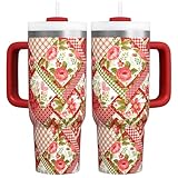 30 Oz Pioneer Woman Stainless Steel Tumbler with Lid and Straw - Pioneer Flower Coffee Cups with Handle - Pioneer Woman Coffee Mugs Gifts for Women - Red