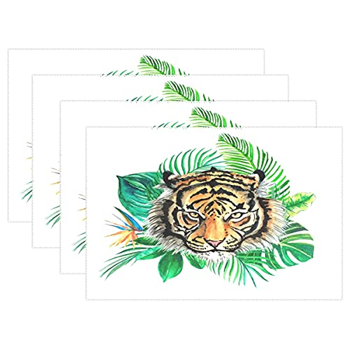 Place Mats - Juego de 6 manteles individuales rectangulares con cabeza de tigre y hojas, lavables, 30,5 x 45,7 cm Cover