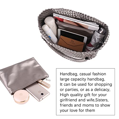 Image of Woven Tote Bag for Women Retro Handwoven Shoulder Travel Handbag Large Capacity Hobo Vegan Leather Bags with Purse