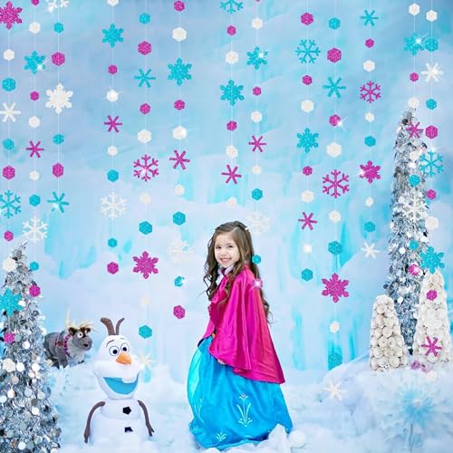 Image of 52 Ft Snowflakes Party Decorations Silver Purple Blue Glitter Paper Snowflakes Garland Streamer for Winter Wonderland Christmas Holiday Frozen Birthday Wedding Baby Shower Bridal Shower Party Supplies