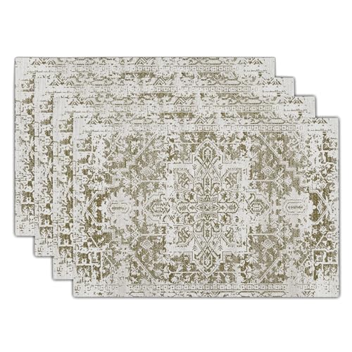Image of Gray Olive Green Boho Placemats Set of 4 Ethnic Bohemian Carpet Place Mats Washable Kitchen Dining Vintage Grey Geography Floral Linen Table Mats Stain Heat-Resistant for Home Party Indoor 12x18 in