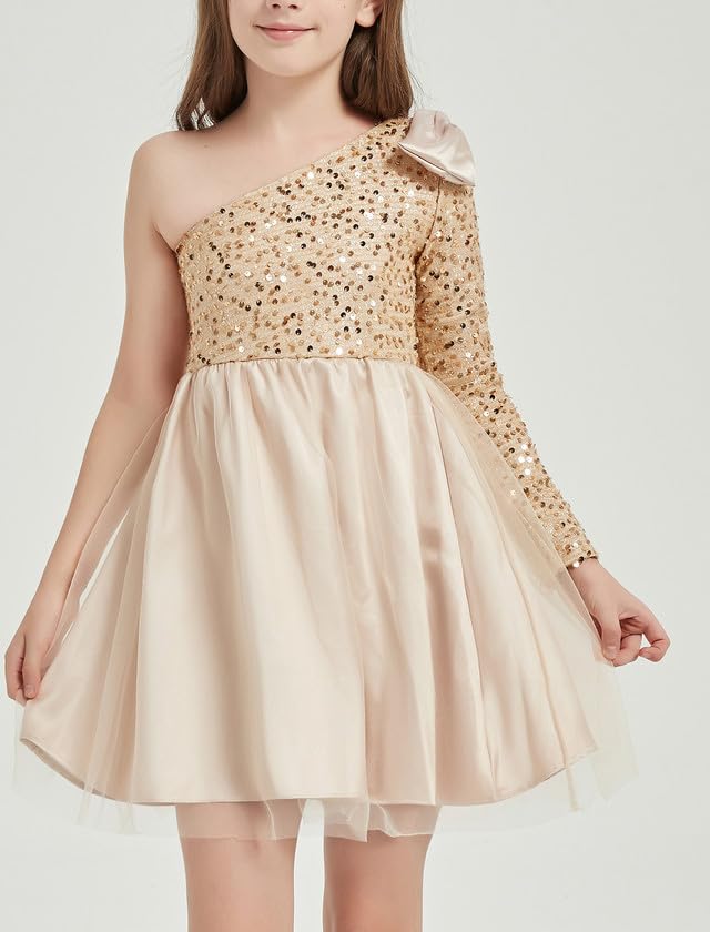 EXARUS Girls Sequin Sparkle Party Tulle Tutu Dress One Shoulder Fancy Long Sleeve Special Occasion Short Dress4