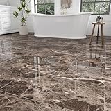 12' x 12' Peel and Stick Floor Tiles Waterproof, Polish Taupe Marble Self Adhesive Vinyl Flooring for Bathroom, Kitchen, Living Room, RV, Vinyl Floor Tiles Cover 10 Sq.Ft, 10-Pack, Glossy Brown