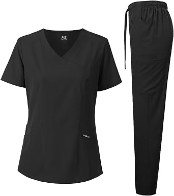 Dagacci Medical Uniform Womens Scrub Set 4-Way Stretch Y-Neck Stitch Tape Top and Pants