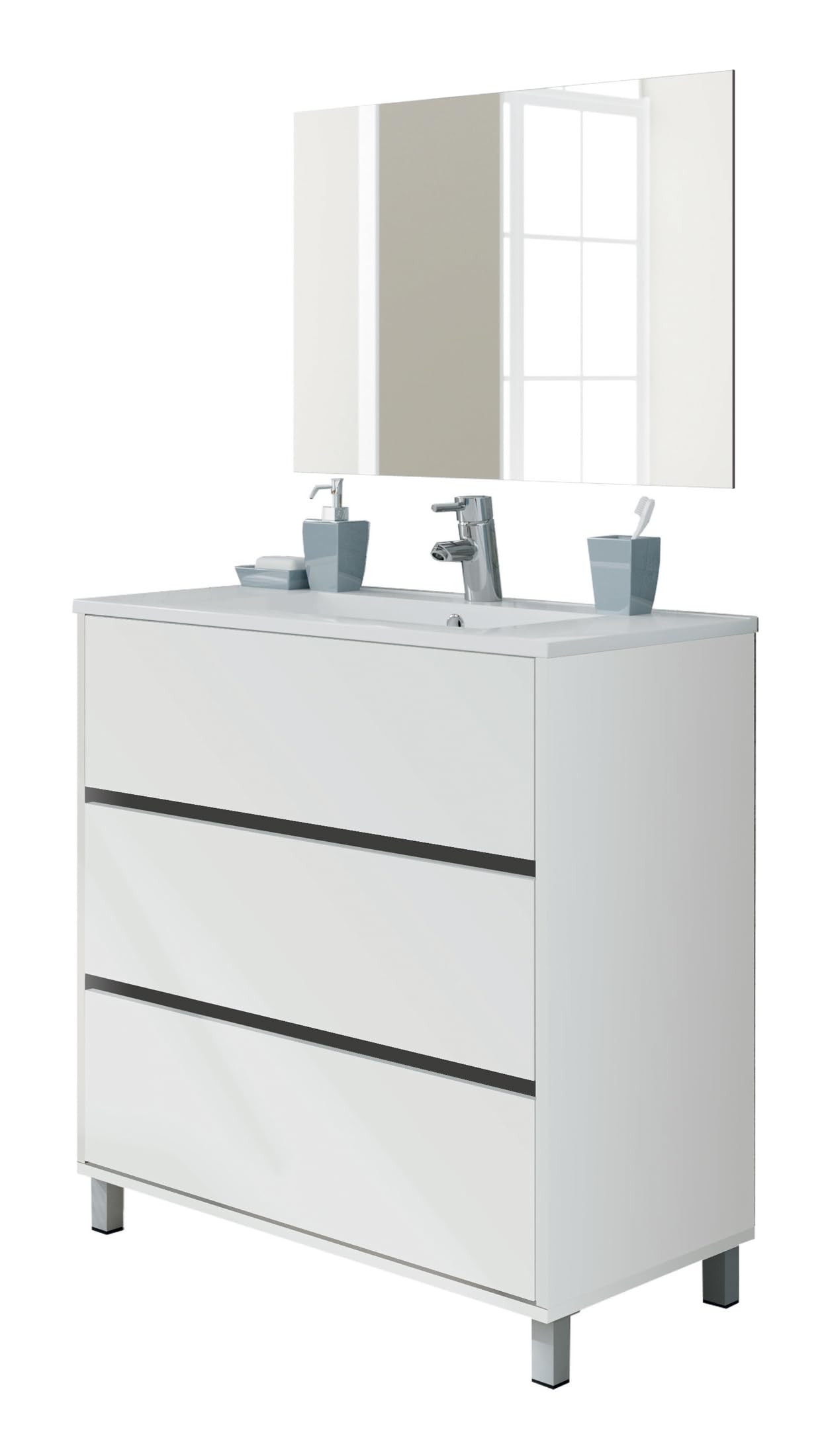 MUEBLES PITARCH | Conjunto Mueble de Baño con Espejo Incluido, 3 Cajones, 80cm Ancho, con Patas, Roble Cambrian, para Lavabo encastrado, Estilo Moderno Modelo Kalma