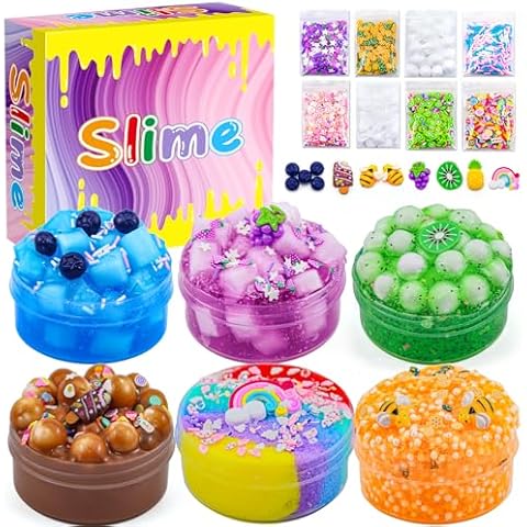Elover Variety Textured Slime (6 Pack x 3.5oz) Premade DIY Slime Kit Toy with Add-Ins Perfect Birthday Present Party Favors for Kids Ages 8-12 Cover