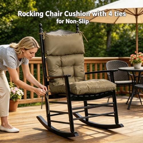 Image of QILLOWAY Outdoor Rocking Chair Cushions Set of 4, 100% Polyester Waterproof Patio Rocking Chair Cushion, High Back Weatherproof Chair Pad for Adirondack & Outdoor Furniture, Sage