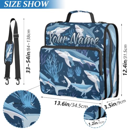 Image of Custom 3 Ring Zipper Binder Sharks Blue Ocean Personalized Name 1.5 Inch Binders Large Capacity Multi Pockets for School Office Supplies