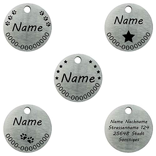 Hundemarke Metall Edelstahl 30 mm BEIDSEITIG Graviert Haustier ID Hundename + Telefonnummer + Adresse Herrchen Frauchen Cover
