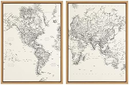 Kate and Laurel Sylvie Vintage Black and White World Map Framed Canvas Wall Art Set by The Creative Bunch Studio, 2 Piece 18x24 Natural, Chic Map Art for Wall