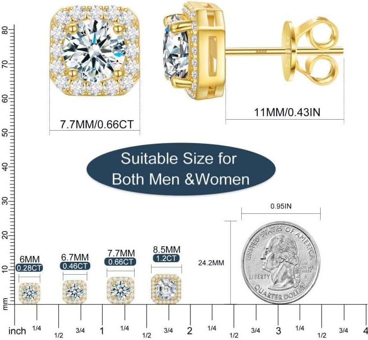 Moissanite Halo Earrings Square 18k Gold Plated 0.56-2.4CT 6-10mm D Color VVS1 Clarity Moissanite Stud Earrings For Women Men Square Stud Earrings 925 Sterling Silver Hypoallergenic Earrings - Image 6