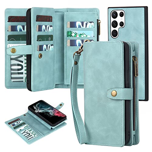 TwoHead for Samsung Galaxy S22 Ultra Wallet Case with Card Holder & Detachable Magnetic Phone Case, Leather All-round Protection Wallet Phone Case for Women Men,6.8in,Blue